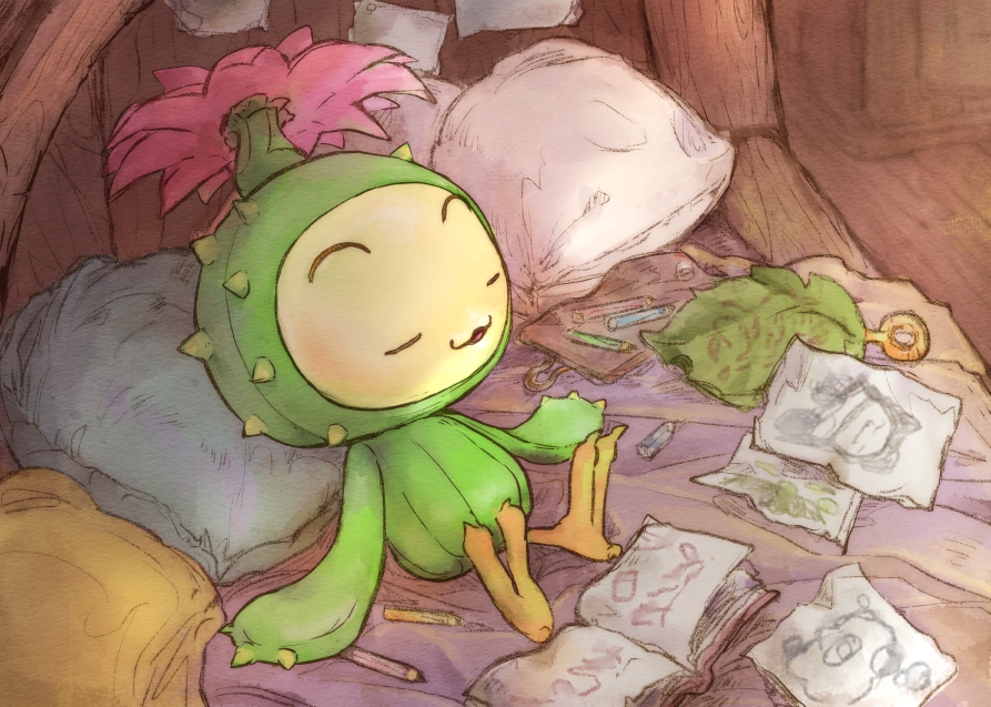 1other, :3, bed, blanket, closed_eyes, drawing_(object), flower, leaf