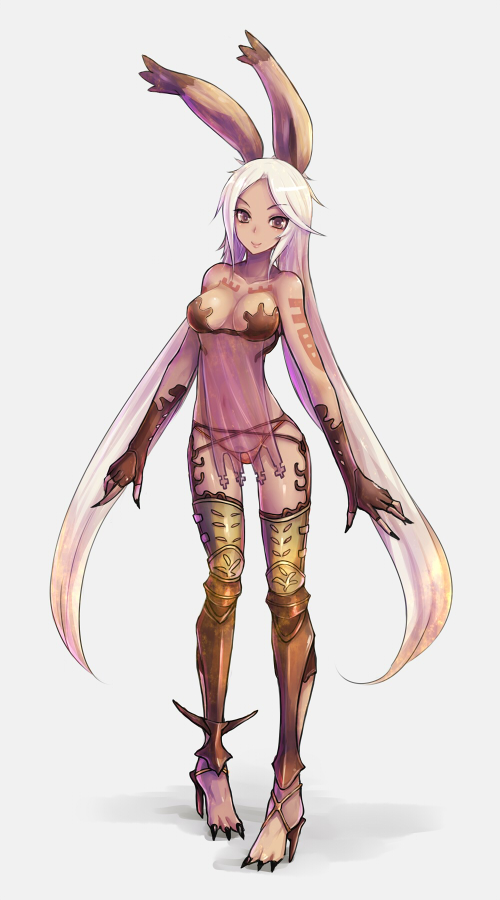 bare_shoulders, bikini, blonde_hair, breasts, brown_eyes, bunny_ears, claws, cleavage