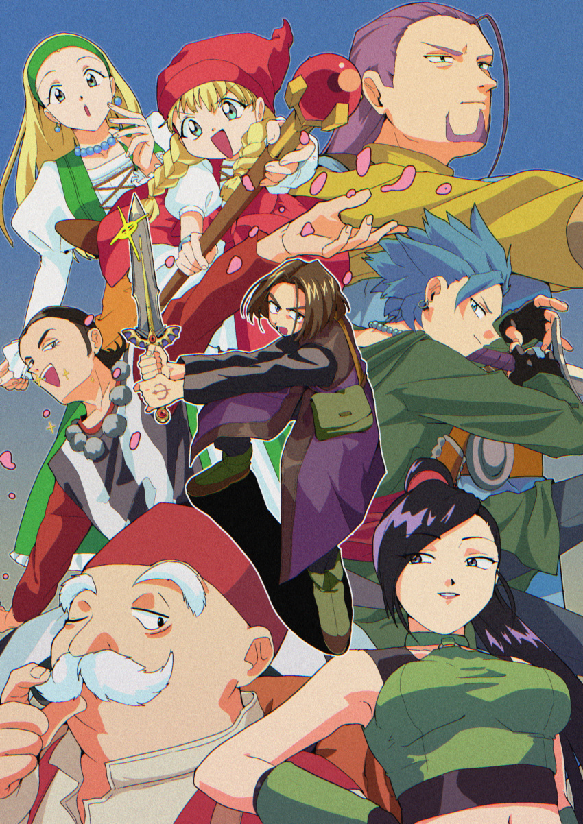 3girls, 5boys, absurdres, ai_roid, bag, bead_necklace, beads, blonde_hair, blue_background, boots, breasts, brown_hair, camus_(dq11), closed_mouth, dragon_quest, dragon_quest_xi, earrings, facial_hair, greig_(dq11), hat, hero_(dq11), highres, holding, holding_staff, holding_sword, holding_weapon, jewelry, long_hair, long_sleeves, martina_(dq11), multiple_boys, multiple_girls, mustache, necklace, one_eye_closed, open_mouth, petals, red_headwear, retro_artstyle, row_(dq11), senya_(dq11), sparkle, spiky_hair, staff, sword, sylvia_(dq11), veronica_(dq11), weapon