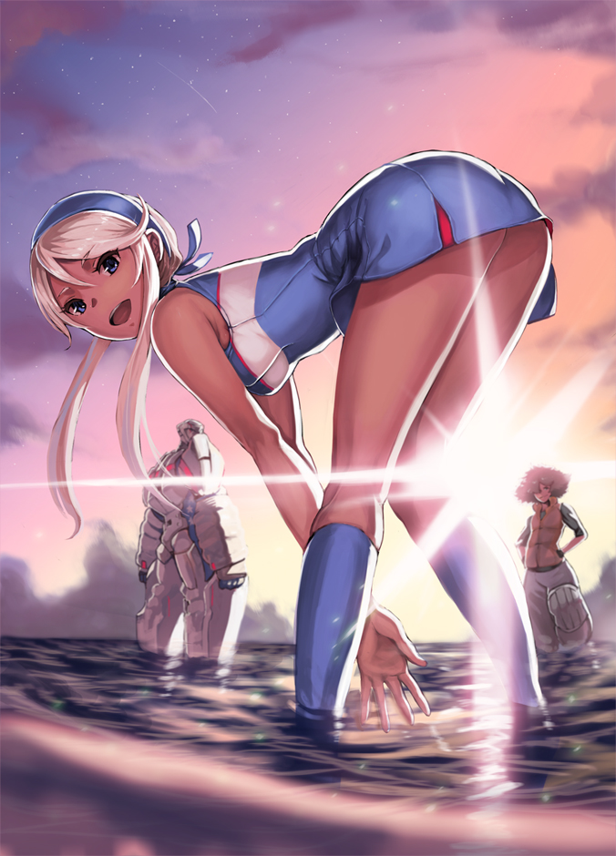 ass, bent_over, blonde_hair, blue_eyes, cheerleader, hairband, heroman, heroman_(robot)