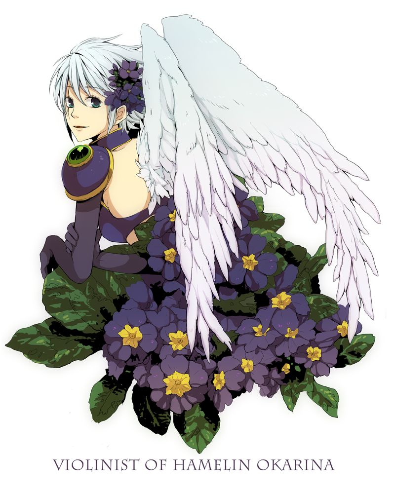 flower, hair_flower, hair_ornament, looking_back, mofuko, ocarina_(violinist_of_hameln), short_hair, simple_background