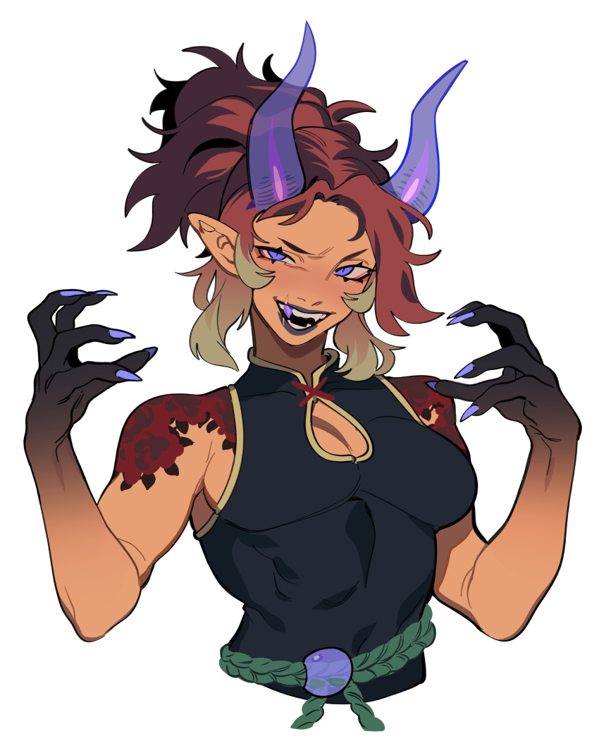 1girl, absurdres, bare_arms, black_hands, black_lips, blush, breasts, colored_extremities