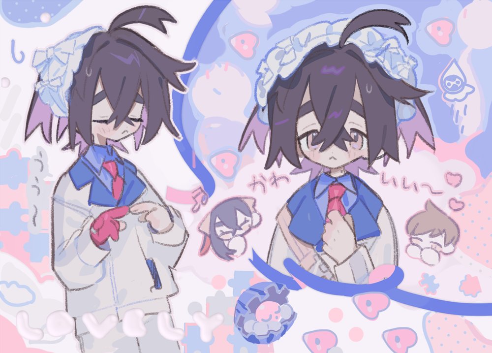 1girl, 2boys, :<, black_hair, blue_shirt, blush, carmine_(pokemon), castform