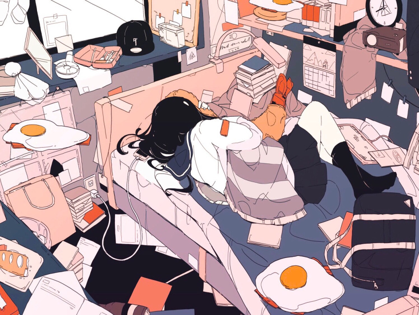 1girl, analog_clock, ankle_socks, bag, black_bag, black_hair, black_sailor_collar, black_skirt