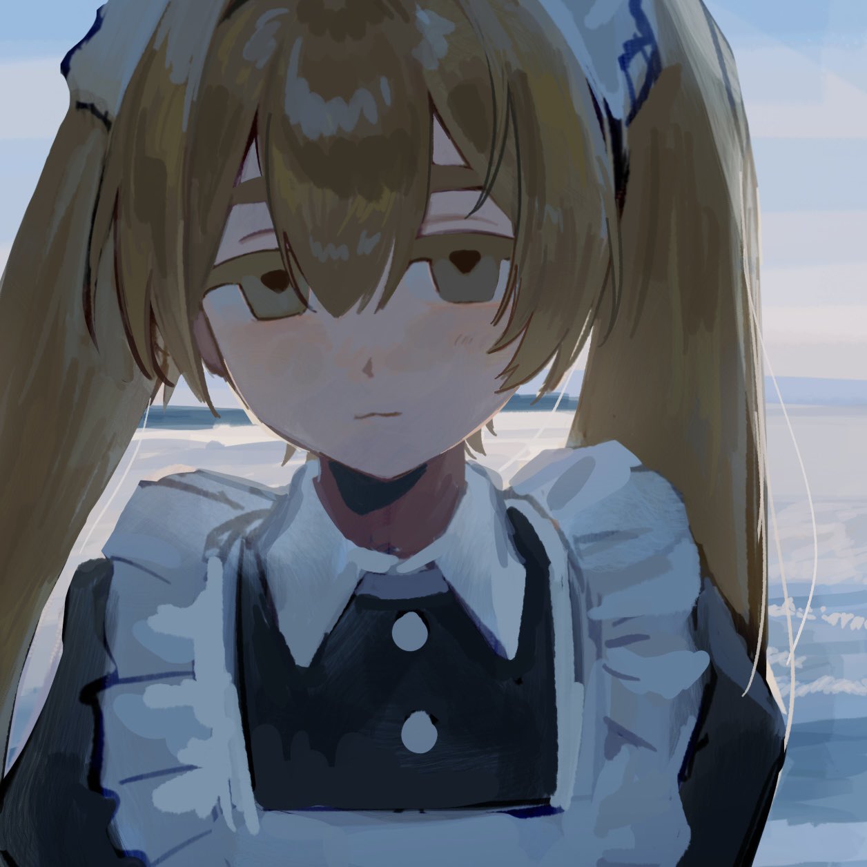 1girl, :3, apron, black_dress, blonde_hair, blue_sky, blush, buttons, closed_mouth, double-parted_bangs, dress, empty_eyes, frilled_apron, frilled_hairband, frills, hair_between_eyes, hairband, half-closed_eyes, highres, inu_dakisime, juliet_sleeves, long_hair, long_sleeves, looking_at_viewer, maid, maid_apron, maid_headdress, ocean, original, outdoors, puffy_sleeves, raised_eyebrows, sky, smile, solo, straight-on, twintails, upper_body, white_apron, white_hairband, wing_collar, yellow_eyes
