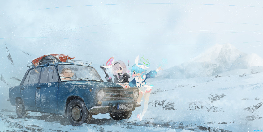 12cat, 1boy, 2girls, absurdres, arona_(blue_archive), black_coat, black_eyes, black_hairband