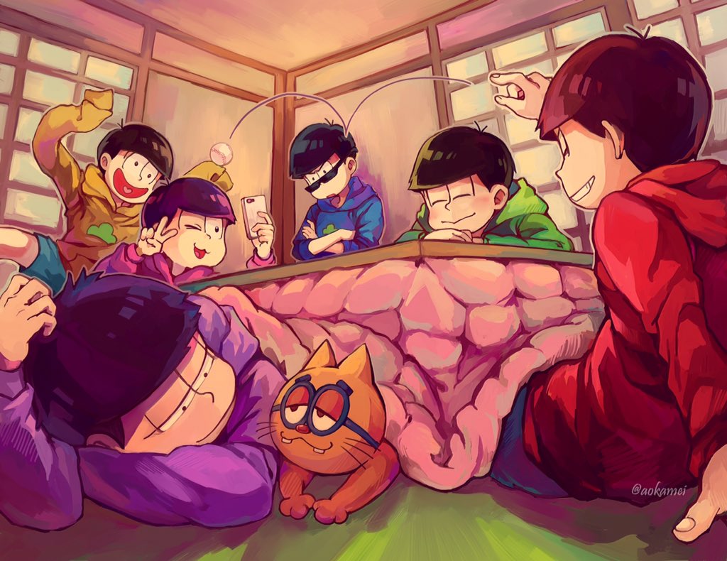 6+boys, :>, aokamei, arm_support, blue_hoodie, blue_shorts, brothers, cat