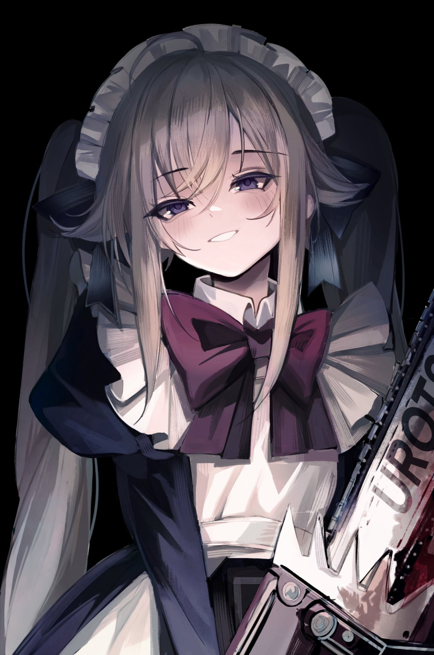 alternate_costume, alternate_hair_length, alternate_hairstyle, apron, black_background, black_dress, black_ribbon, blonde_hair