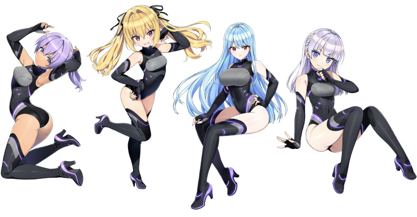 4girls, absurdres, ass, black_one-piece_swimsuit, blonde_hair, blue_hair, braid, breasts