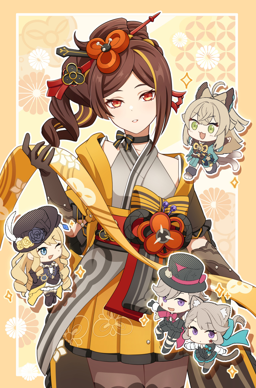 1boy, 4girls, absurdres, animal_ears, blonde_hair, blue_eyes, brown_eyes, brown_gloves
