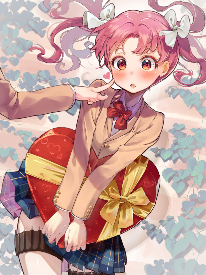 2girls, absurdres, blazer, blush, bow, bowtie, box, box_of_chocolates