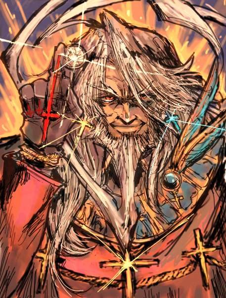1boy, ahoge, christopher_columbus_(fate), cross, earrings, facial_hair, fate/grand_order, fate_(series), glint, gloves, grey_hair, jewelry, long_hair, looking_at_viewer, male_focus, moto_murabito, official_alternate_costume, old, old_man, solo, upper_body, white_hair, wrinkled_skin
