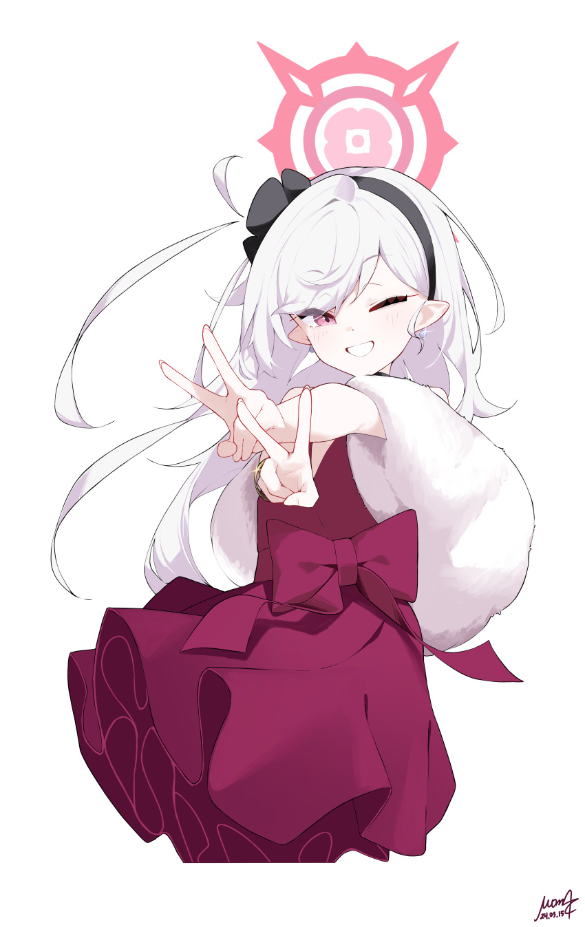 1girl, absurdres, black_hairband, blue_archive, blush, dated, double_v, dress