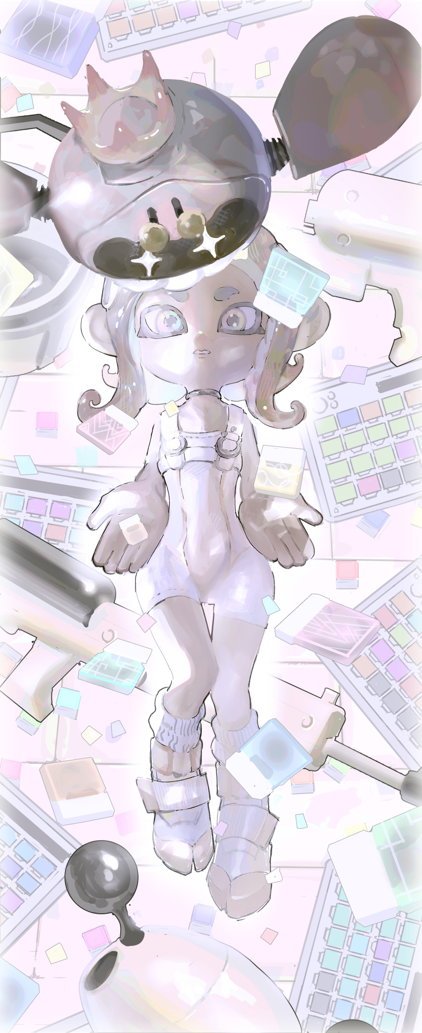 2girls, absurdres, agent_8_(splatoon), bodysuit, boots, choker, clenched_teeth, crown
