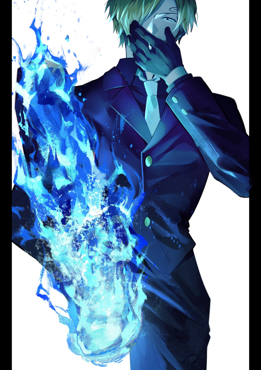 1boy, absurdres, blonde_hair, blue_fur, cigarette, curly_eyebrows, diable_jambe, expressionless
