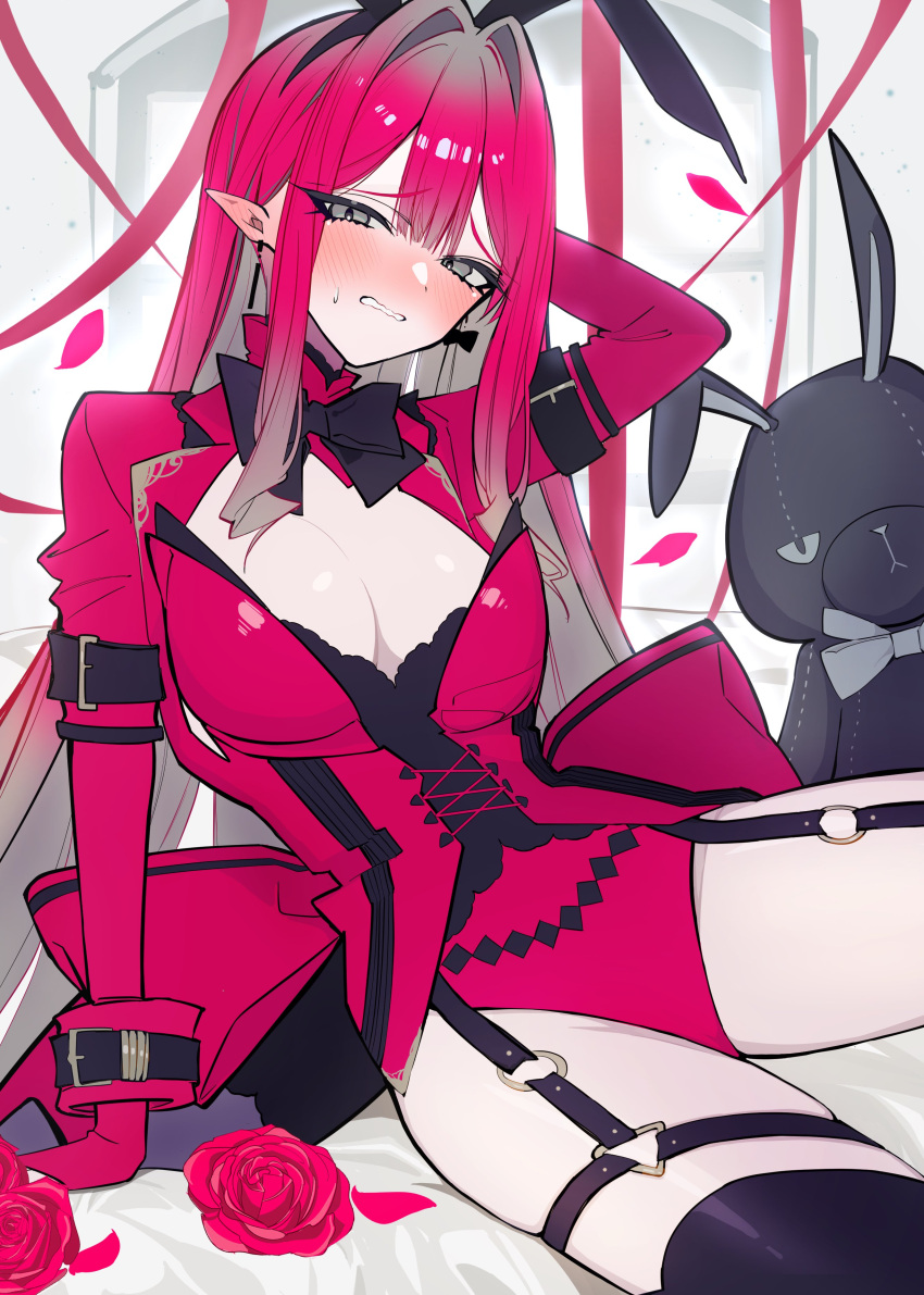 1girl, absurdres, animal_ears, arms_behind_head, baobhan_sith_(fate), blush, breasts, dress