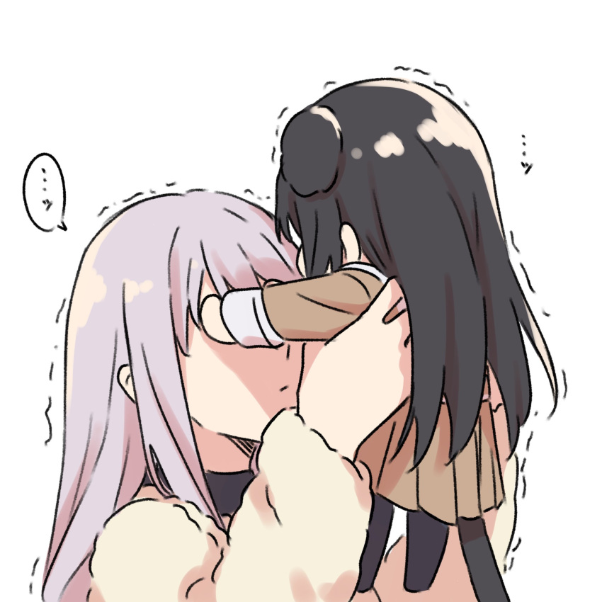 2girls, animal_ears, bang_dream!, black_hair, brown_dress, carrying, carrying_person, chibi