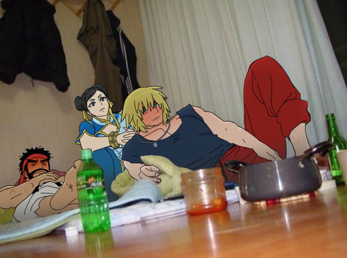 1girl, 2boys, =_=, athanjccgg, black_hair, blonde_hair, blush, bottle, chun-li, connected_beard, dizzy, drunk, forked_eyebrows, from_below, full-face_blush, headband, huge_eyebrows, ken_masters, knee_up, looking_ahead, lying, medium_hair, multiple_boys, on_back, pants, pectoral_cleavage, pectorals, photo_background, ryu_(street_fighter), sparse_leg_hair, street_fighter, street_fighter_6