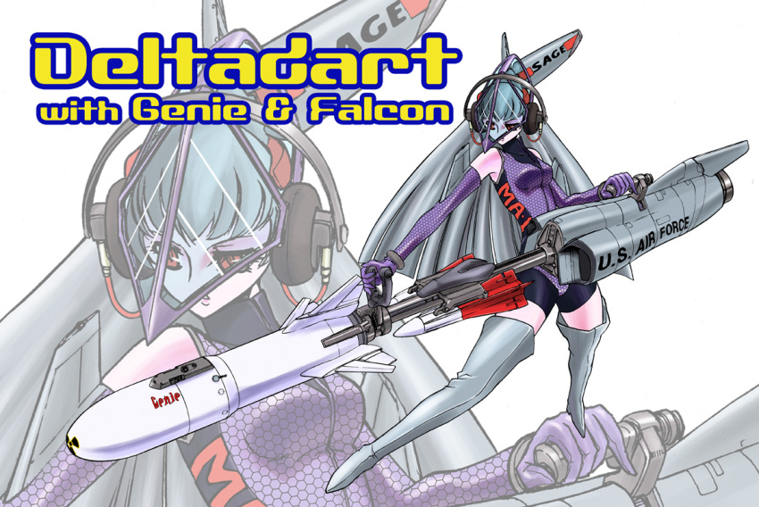 f-106, jet, long_hair, matsuda_miki, mecha_musume, military, missile, nuke, original, red_eyes, silver_hair, solo, thighhighs, weapon, zoom_layer