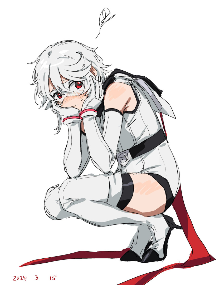 1girl, bare_shoulders, blush, hands_on_own_cheeks, hands_on_own_face, heart-shift_bracelets, highres, leotard