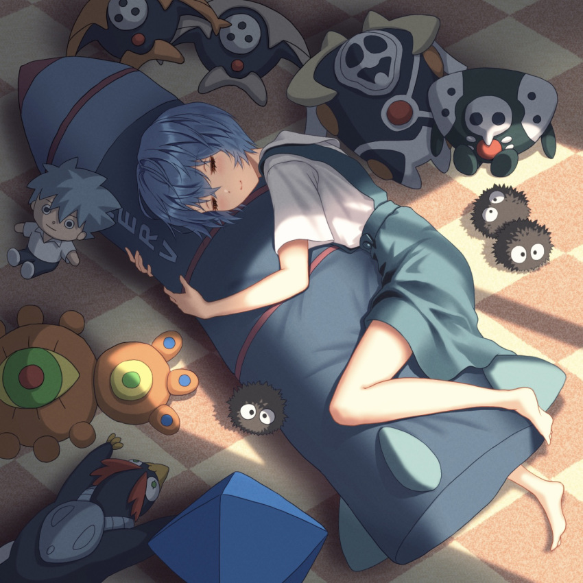 1girl, angel_(evangelion), ayanami_rei, barefoot, bird, blue_hair, blue_skirt, blush