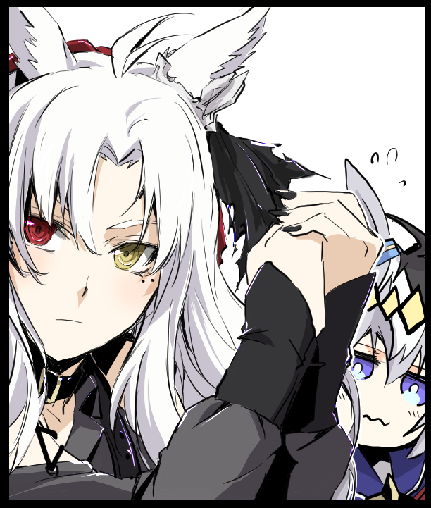 2girls, ahoge, animal_ears, black_border, black_collar, black_hair, black_nails, blue_eyes, blue_sailor_collar, border, bright_pupils, collar, commentary, ear_ornament, eyebrows_hidden_by_hair, flying_sweatdrops, folkqueen_(umamusume), grey_hair, hair_between_eyes, hair_intakes, hairband, heterochromia, hojogricaaaaap, horse_ears, horse_girl, long_sleeves, multicolored_hair, multiple_girls, oguri_cap_(umamusume), own_hands_together, red_eyes, ringed_eyes, sailor_collar, umamusume, umamusume:_cinderella_gray, upper_body, wavy_mouth, white_background, white_hair, yellow_eyes, yellow_hairband