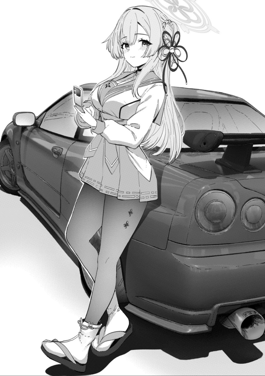 1girl, against_vehicle, blue_archive, blush, braid, braided_bun, breasts, car, closed_mouth, full_body, greyscale, hair_bun, hair_ornament, halo, highres, holding, holding_phone, jun_project, large_breasts, long_hair, long_sleeves, looking_at_viewer, mimori_(blue_archive), monochrome, motor_vehicle, pantyhose, phone, sailor_collar, single_side_bun, skirt, smile, solo, standing