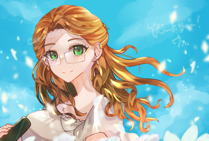 1girl, 712_(712_nnn), blouse, blue_sky, brown_hair, closed_mouth, commission, earrings
