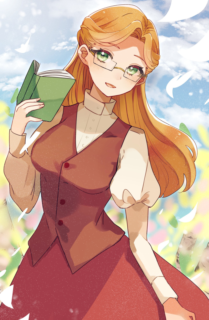 1girl, absurdres, blush, book, breasts, clouds, commission, glasses