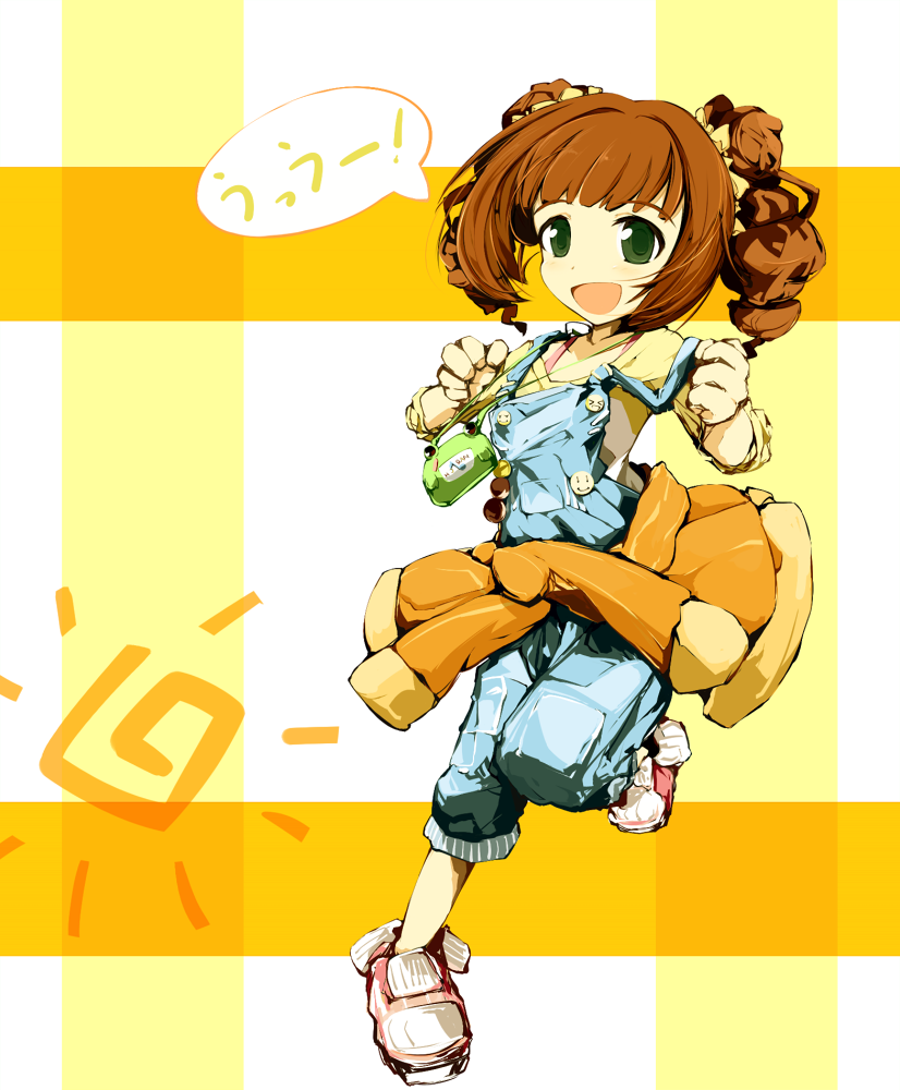 bag, brown_hair, green_eyes, idolmaster, jacket, jacket_around_waist, kurokoge013, long_hair