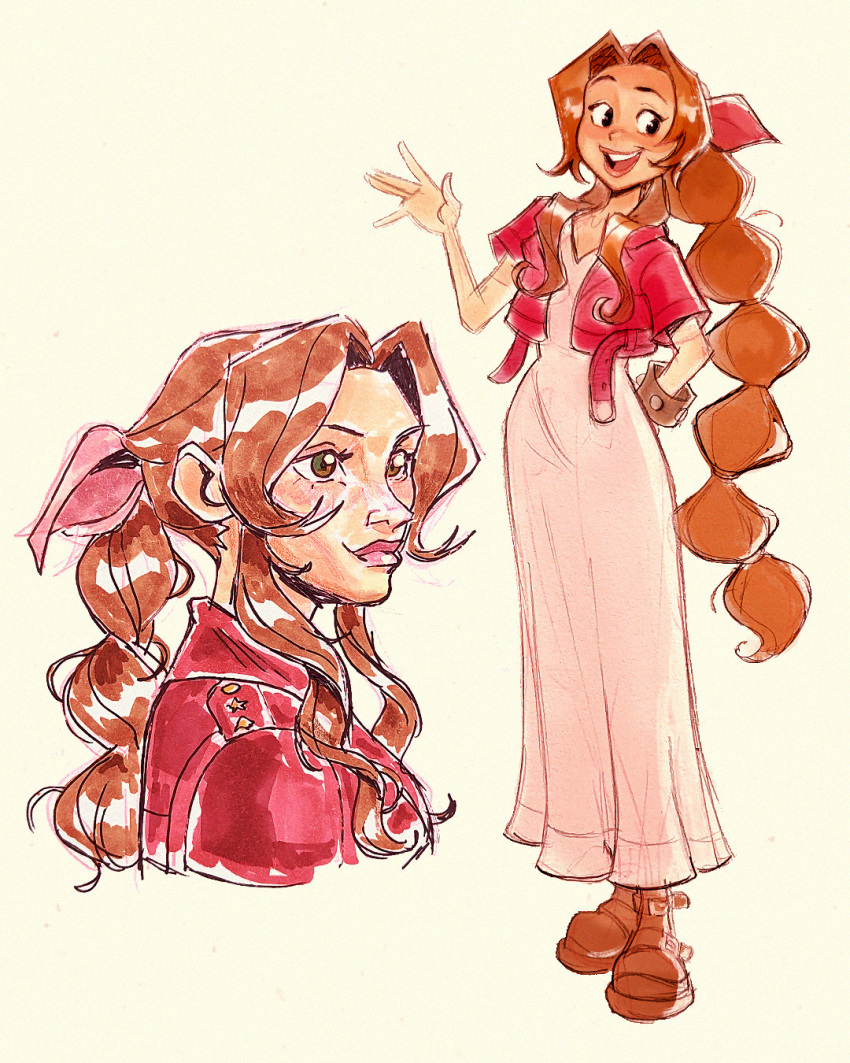1girl, aerith_gainsborough, black_eyes, boots, bracelet, brown_eyes, brown_footwear, brown_hair, cartoonized, dress, english_commentary, final_fantasy, final_fantasy_vii, hair_behind_ear, heather_rivers, highres, jacket, jewelry, long_hair, multi-tied_hair, multiple_views, open_mouth, red_jacket, smile, toon_(style), very_long_hair, waving, white_dress