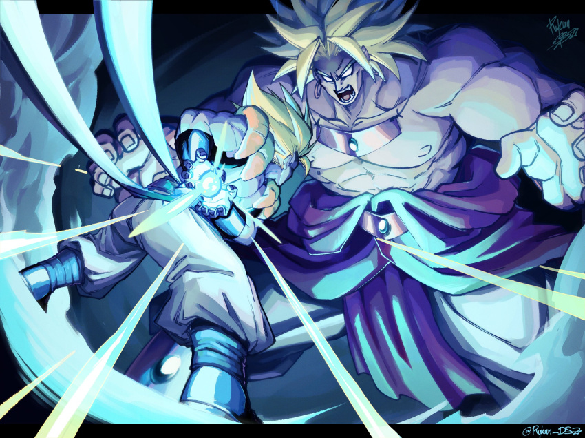 2boys, aura, black_vest, blonde_hair, broly_(dragon_ball_z), dark_background, dragon_ball, dragon_ball_z