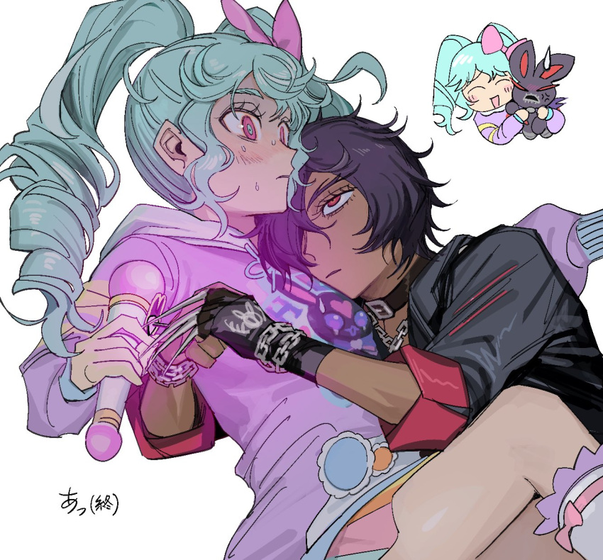1boy, 1girl, black_collar, black_gloves, black_jacket, blue_hair, bow, chain