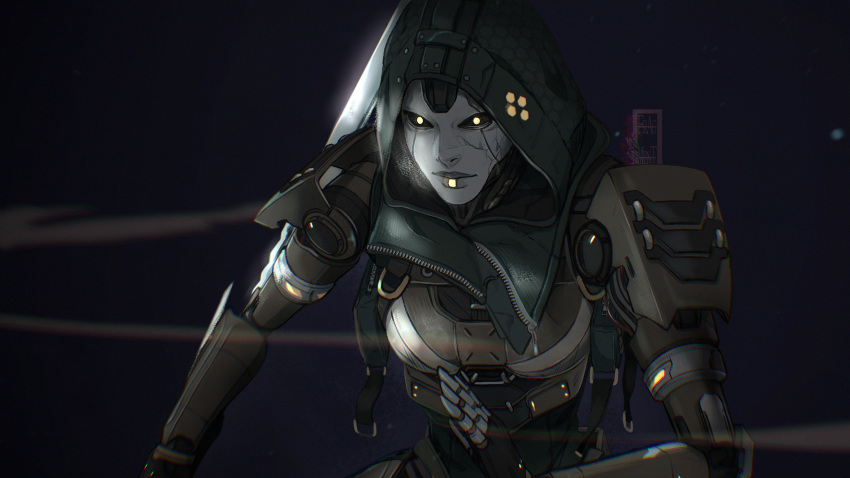 1girl, android, apex_legends, arm_blade, ash_(titanfall_2), black_background, breasts, cracked_skin