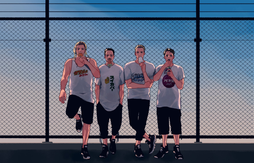4boys, arm_support, avengers_(series), baggy_pants, bare_shoulders, beard, black_dress, black_footwear, black_pants, black_shorts, blonde_hair, blue_eyes, blue_sky, brown_hair, bruce_banner, clothes_writing, clouds, commentary_request, day, dress, eating, facial_hair, food, full_body, hand_up, hands_in_pockets, hands_up, highres, holding, holding_food, holding_ice_cream, ice_cream, leg_up, long_hair, looking_at_viewer, male_focus, marvel, mochishio, multiple_boys, outdoors, package, pants, pocket, popsicle, shoes, short_hair, shorts, sky, sneakers, standing, standing_on_one_leg, steve_rogers, tank_top, thor_(marvel), tony_stark, watermelon_bar, white_tank_top