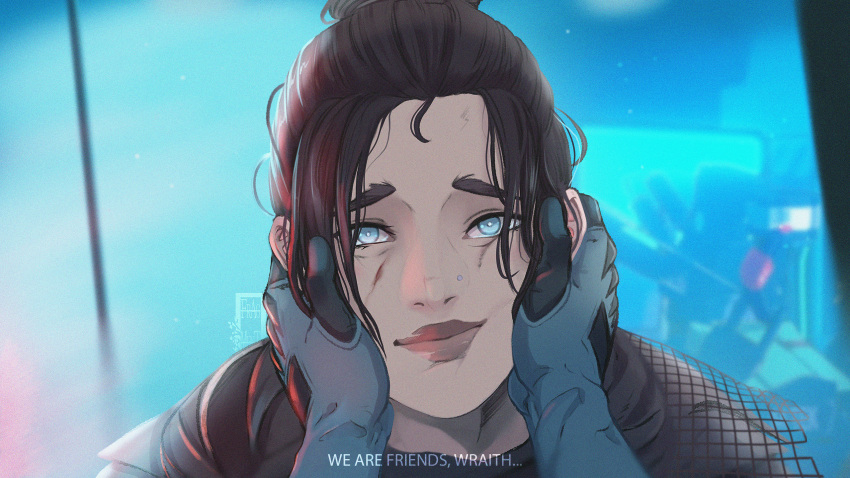1girl, apex_legends, apex_legends:_pathfinder's_quest, black_hair, blue_eyes, blue_gloves, bright_pupils, cuts