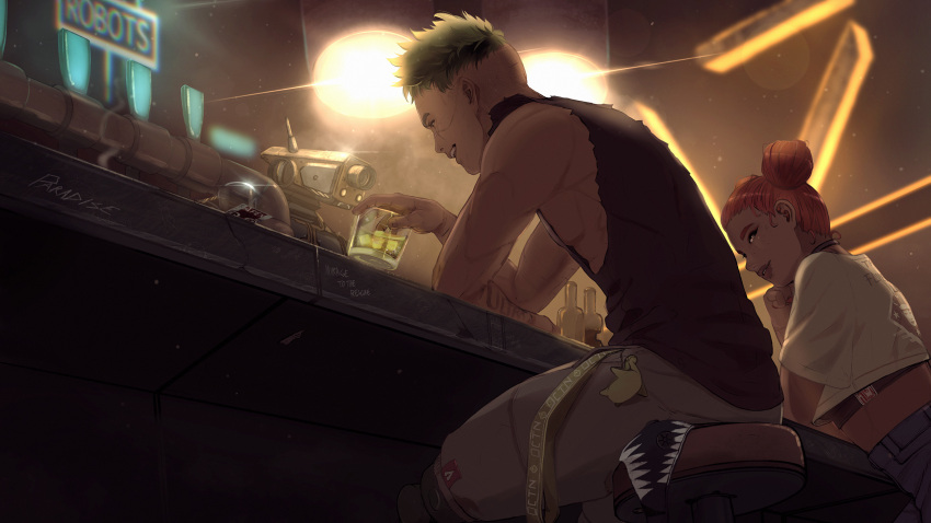 1boy, 1girl, apex_legends, apex_legends:_pathfinder's_quest, bar_(place), black_shirt, blue_pants, brown_eyes