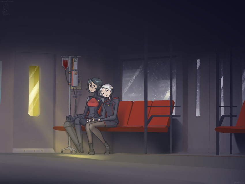 2girls, android, ariane_yeong, black_hair, blood, blood_bag, blue_eyes, bob_cut, cyberpunk, elster_(signalis), good_end, head_on_another's_shoulder, highres, intravenous_drip, maskonions, multiple_girls, science_fiction, signalis, sitting, sleeping, sleeping_on_person, snowflakes, snowing, train, train_interior, white_hair, yuri