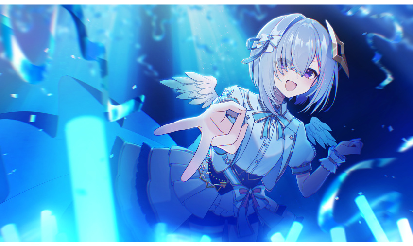 1girl, :d, amane_kanata, angel, angel_wings, aqua_bow, aqua_sash, asymmetrical_bangs