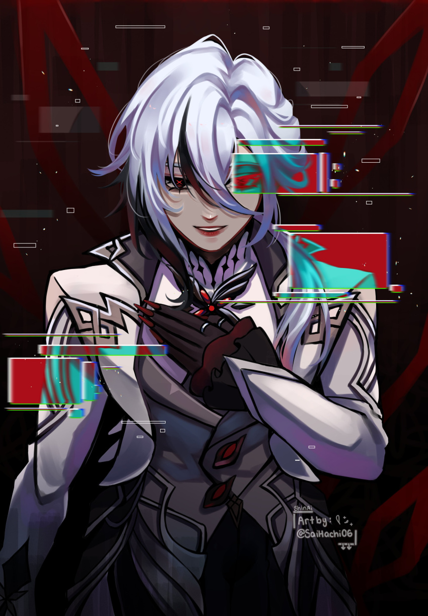 1girl, absurdres, arlecchino_(genshin_impact), black_eyes, black_hair, coat, commentary, genshin_impact, grey_shirt, grin, hair_between_eyes, hand_on_own_chest, highres, long_hair, long_sleeves, looking_at_viewer, multicolored_hair, nail_polish, open_clothes, open_coat, red_lips, red_nails, saihachi06, shirt, smile, solo, streaked_hair, upper_body, white_coat, white_hair