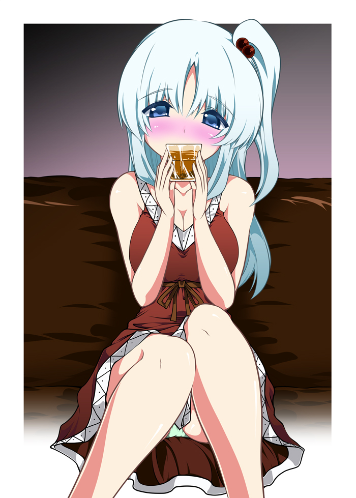 blush, contemporary, fuantei, hair_bobbles, hair_ornament, long_hair, panties, pantyshot