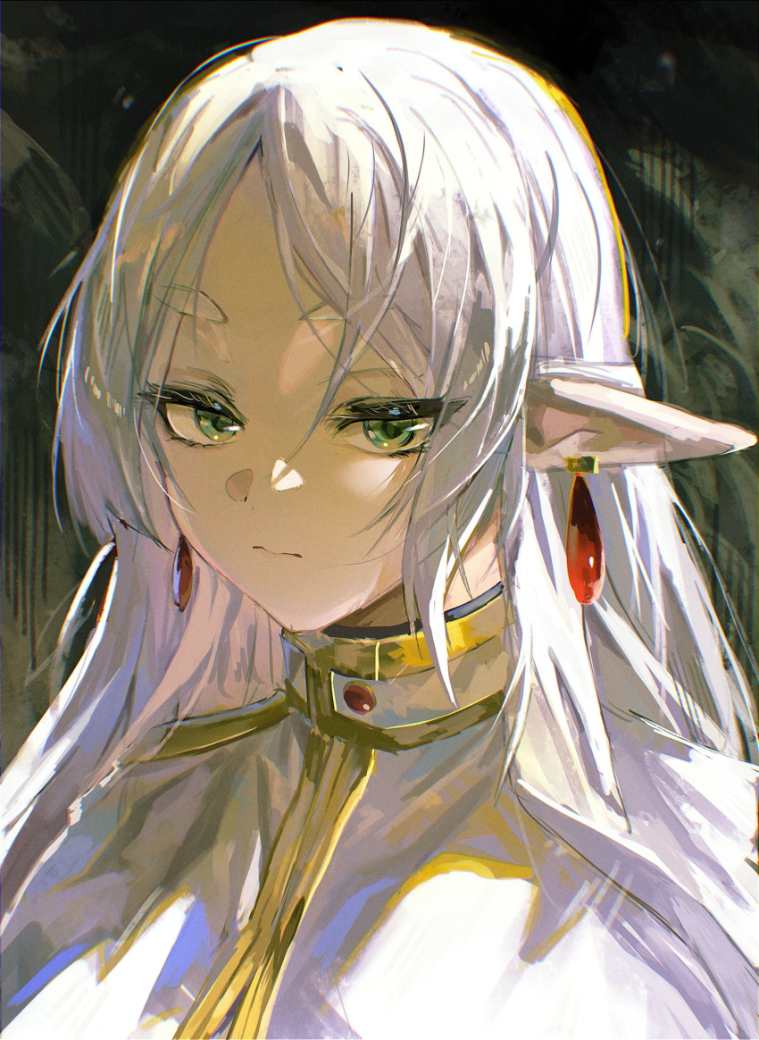 1girl, capelet, commentary, dangle_earrings, earrings, elf, expressionless, frieren