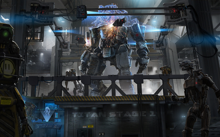 artist_request, atlas_(titanfall), concept_art, glowing, hangar, highres, hologram, humanoid_robot