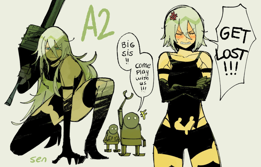 1girl, 2boys, 4th_chaos_emerald, a2_(nier:automata), anger_vein, angry, black_gloves, black_shirt