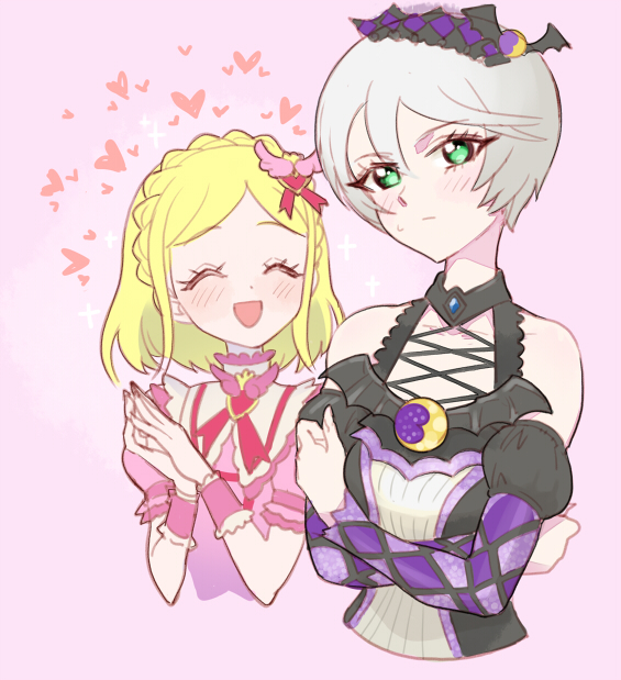 2girls, :d, bare_shoulders, bat_wings, blonde_hair, blush, braid, breasts, closed_eyes, closed_mouth, cosplay, crescent, cropped_torso, crossed_arms, crown_braid, detached_sleeves, facing_another, green_eyes, grey_hair, hair_between_eyes, hands_up, heart, idol_clothes, kurosu_aroma, kurosu_aroma_(cosplay), looking_at_viewer, midorikaze_fuwari, moudoku_(decopon3rd), multiple_girls, open_mouth, own_hands_clasped, own_hands_together, pink_background, pretty_series, pripara, shikyoin_hibiki, shiratama_mikan, shiratama_mikan_(cosplay), short_hair, simple_background, small_breasts, smile, sweatdrop, swept_bangs, upper_body, wings, wrist_cuffs