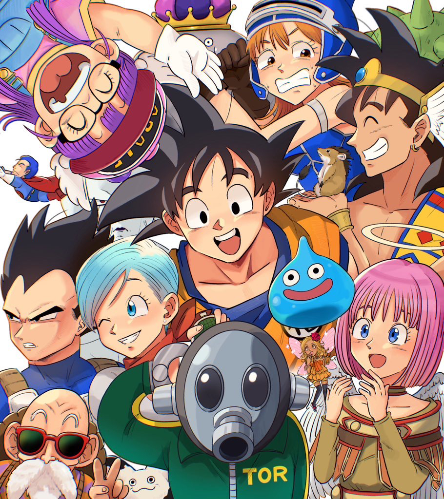 5girls, 6+boys, :d, ;), abel_(dq), angel_wings, animal_on_shoulder, bald