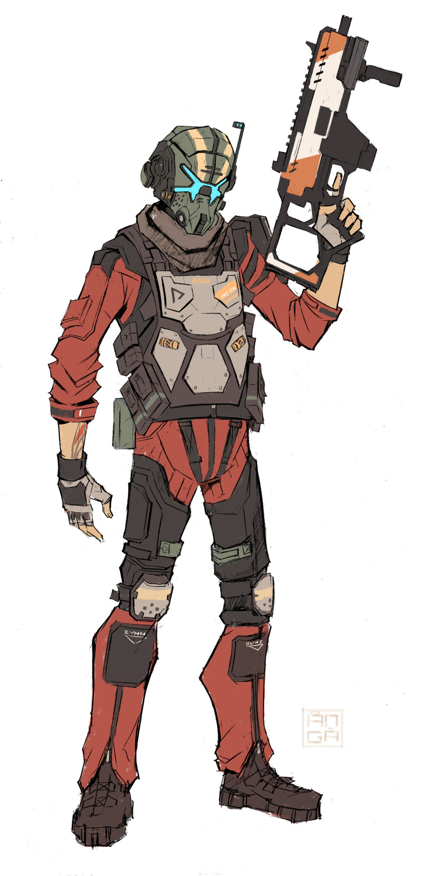 1boy, absurdres, assault_visor, black_footwear, black_gloves, bodysuit, boots, brown_scarf