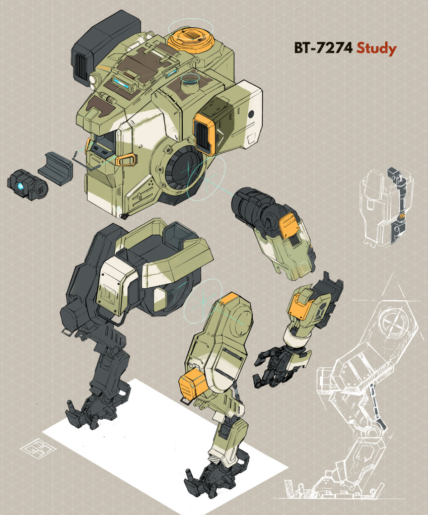 blue_eyes, bt-7274, character_name, chickendrawsdogs, english_commentary, exploded_diagram, highres, mecha, mecha_focus, no_humans, one-eyed, open_hand, robot, science_fiction, solo, titanfall_(series), titanfall_2