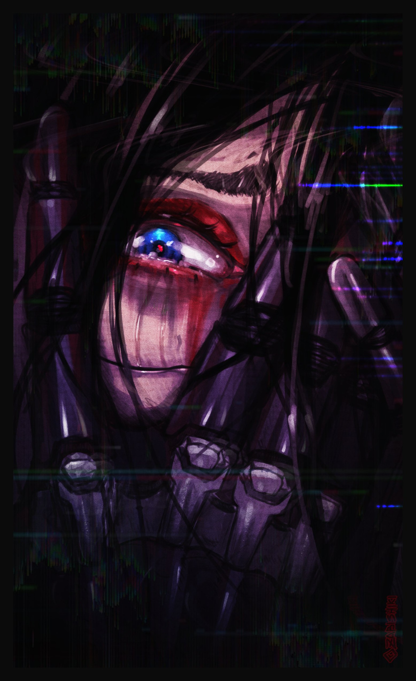 1girl, absurdres, android, black_hair, blue_eyes, close-up, eyeliner, falke_(signalis), glitch, highres, long_hair, makeup, mechanical_arms, red_eyeliner, signalis, solo, twitter_username, zabishiki