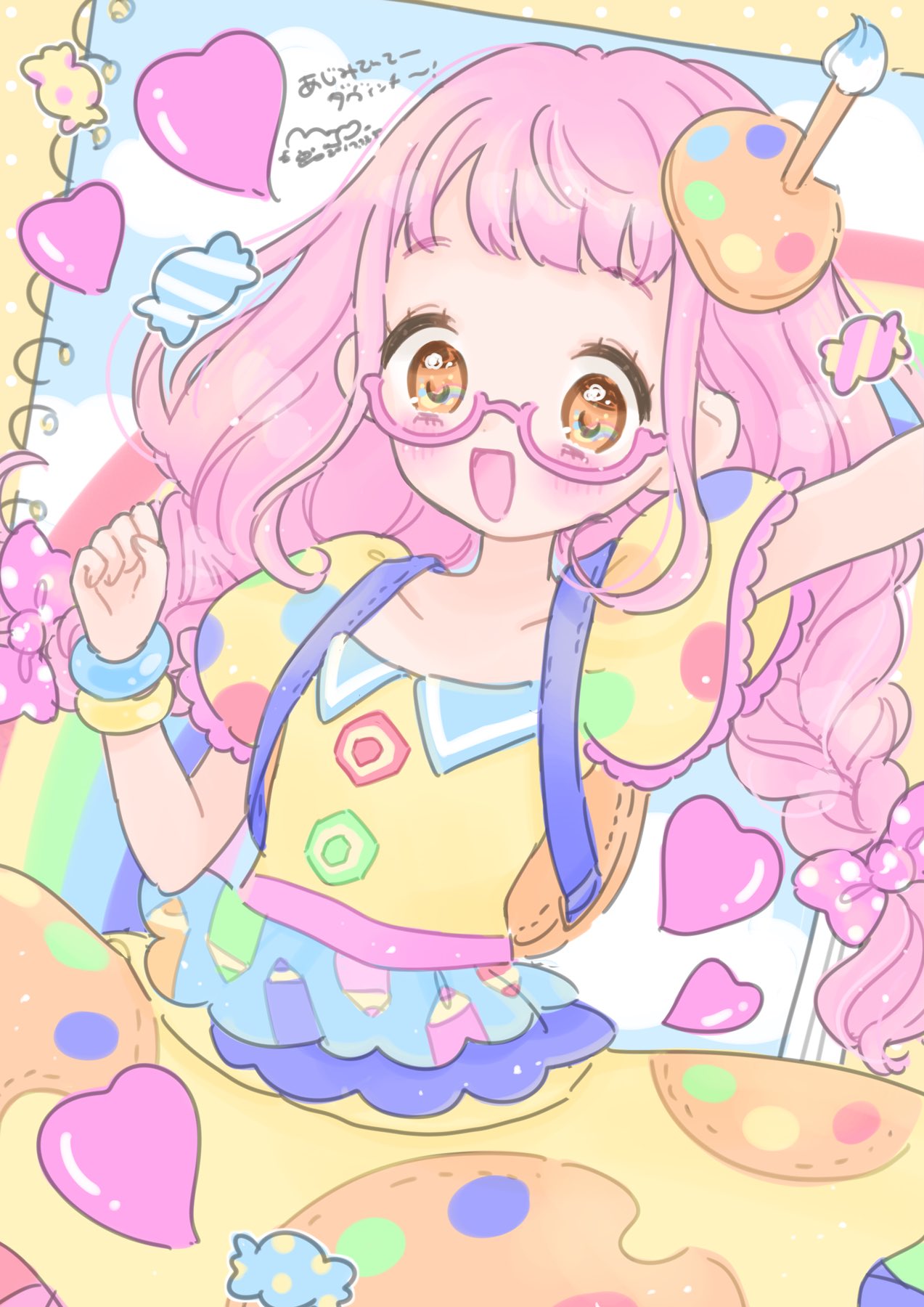 1girl, :d, arm_up, blunt_bangs, blush, bow, bracelet, braid